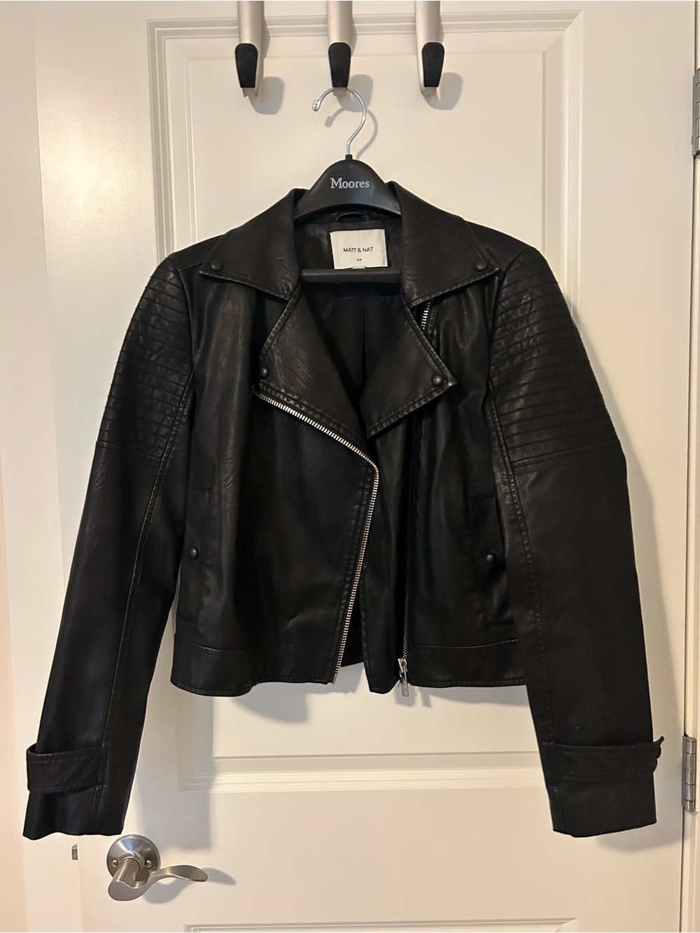 Matt & Nat Black Quilted-Shoulder Vegan Leather Moto Jacket